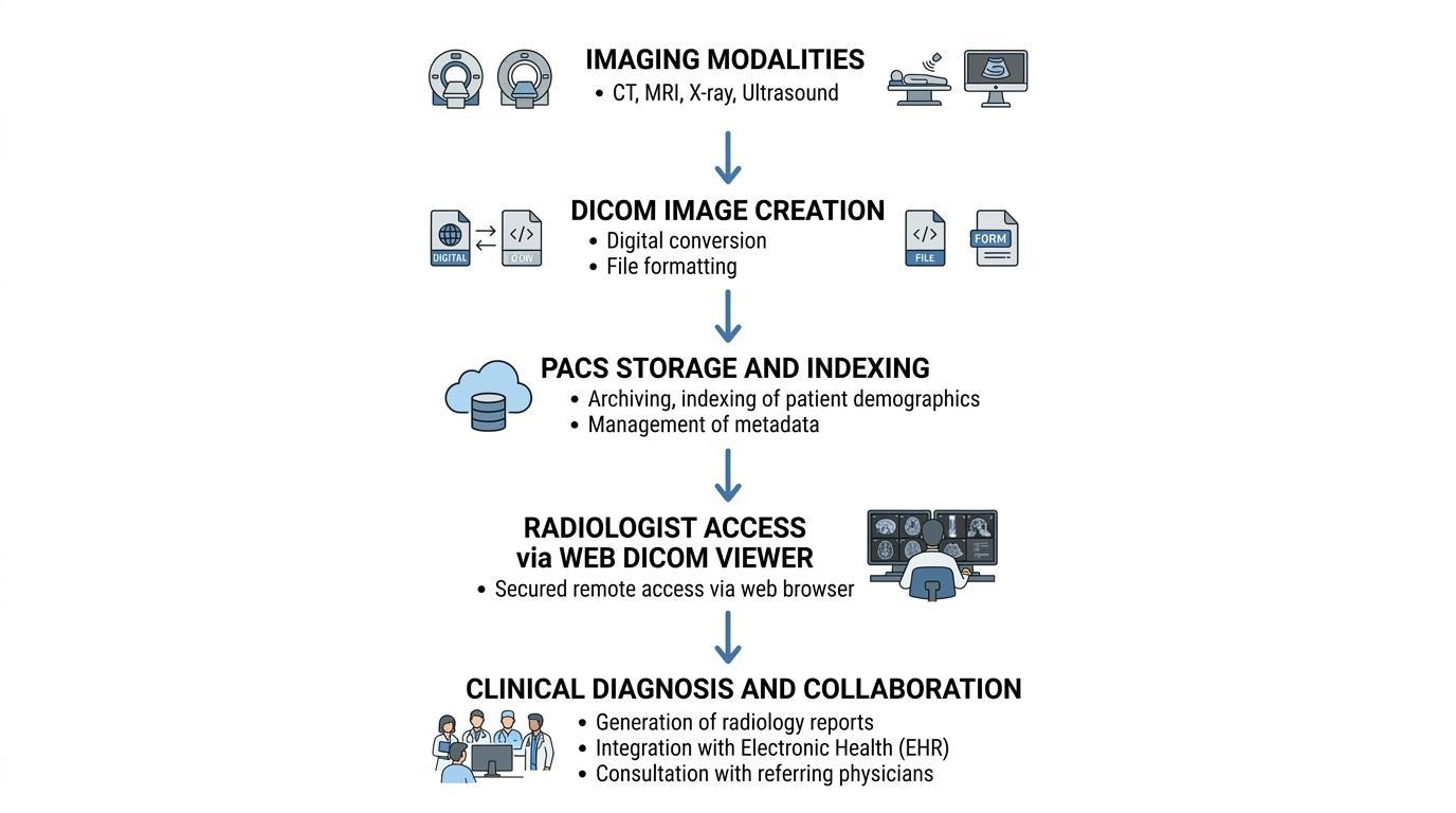 workflow diagram showing how PACS stores and organizes DICOM medical imaging files