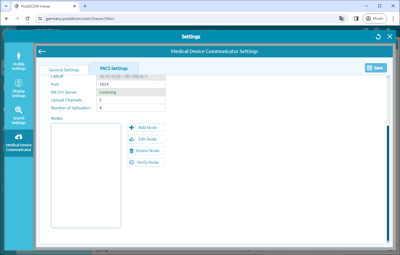 Editing Medical Device Communicator (MeDiC) PACS Server Settings for Windows